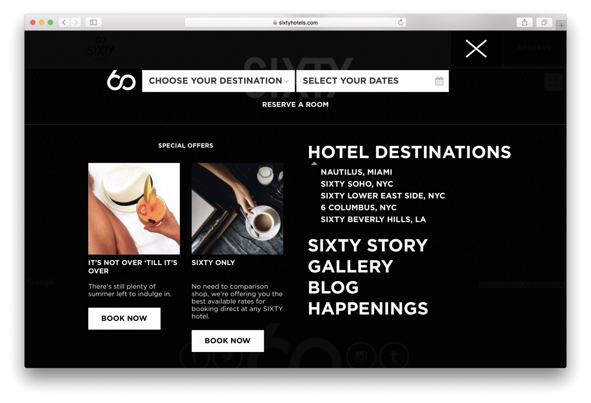 Online Booking page of The Sixty Hotels