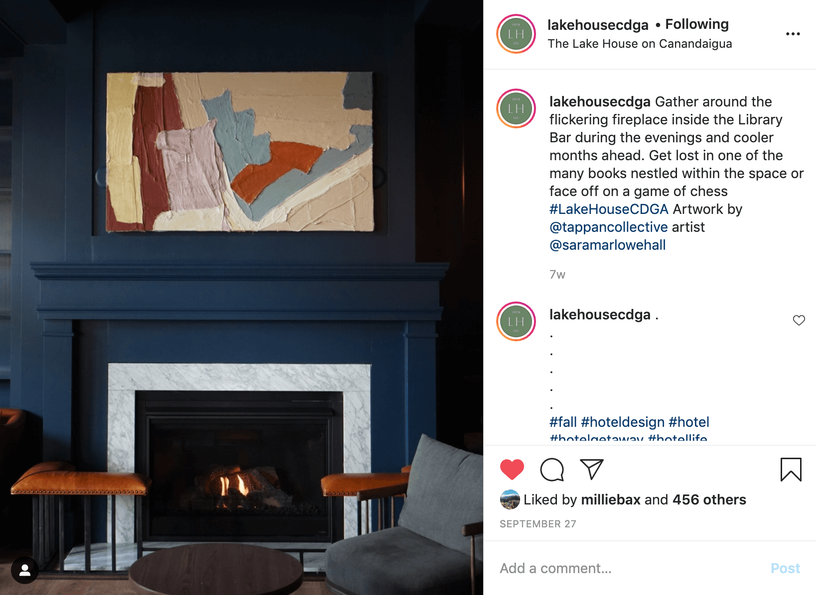An Instagram post of a Portrait hanging on the wall just above the Fire Place