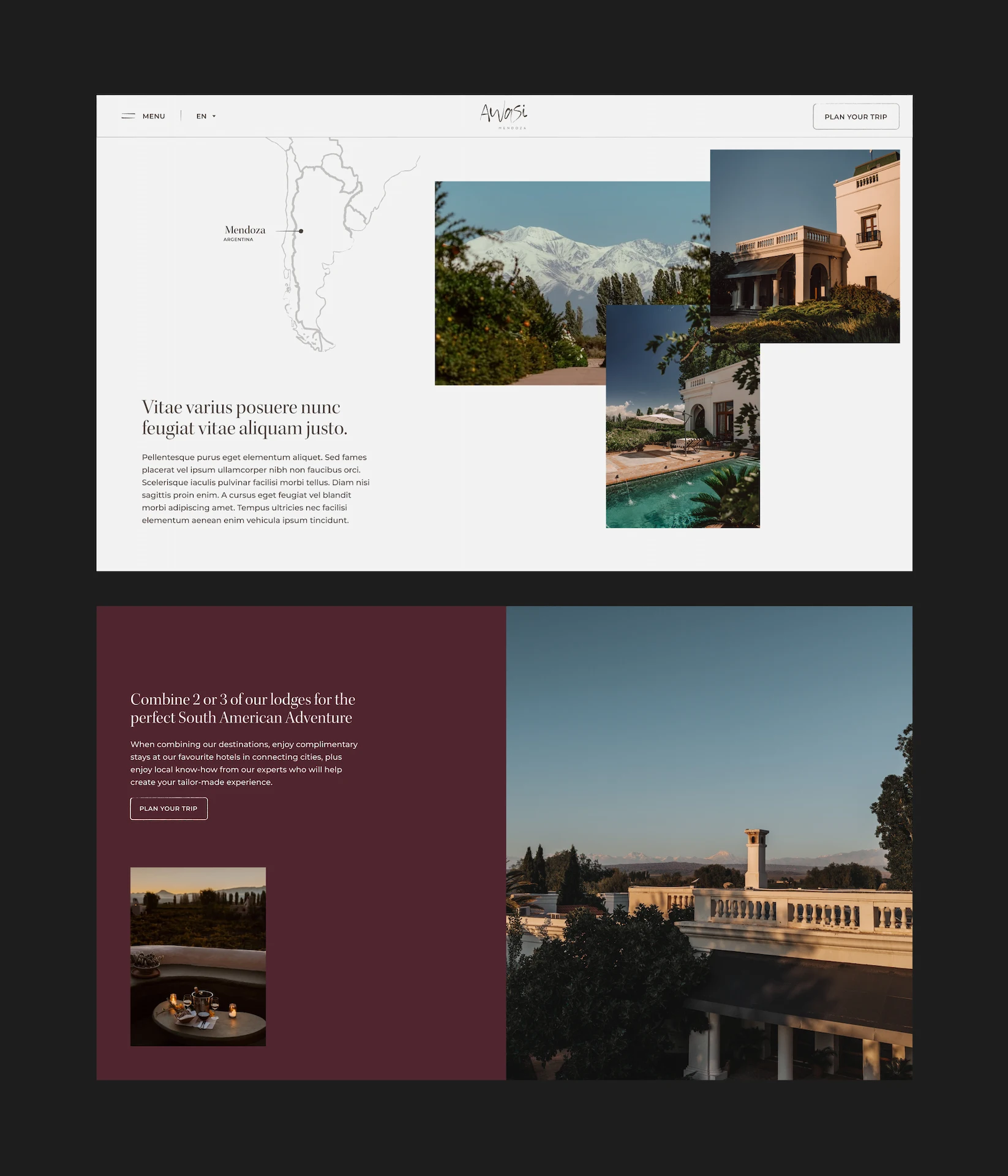 Websites by Spherical 7 Website layout for Awasi featuring Mendoza map, lodge photos, and split section with travel offer.