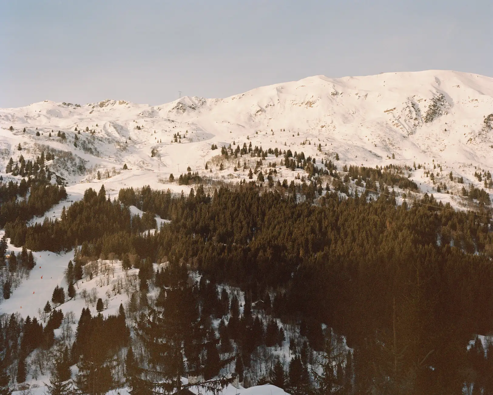 Websites by Spherical 6 Snowy mountain landscape with evergreen forest, ski tracks, and skiers in red outfits.