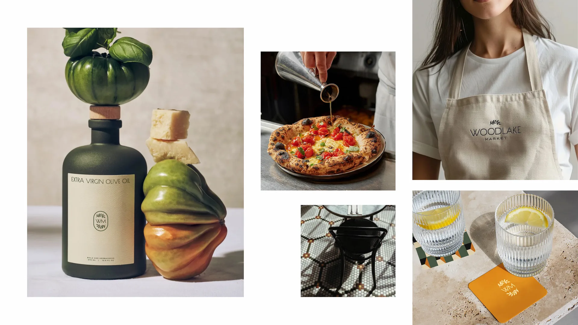 Woodlake Market 2 Collage with olive oil, pizza, apron, metal chair, and lemon water, branded for Woodlake Market.