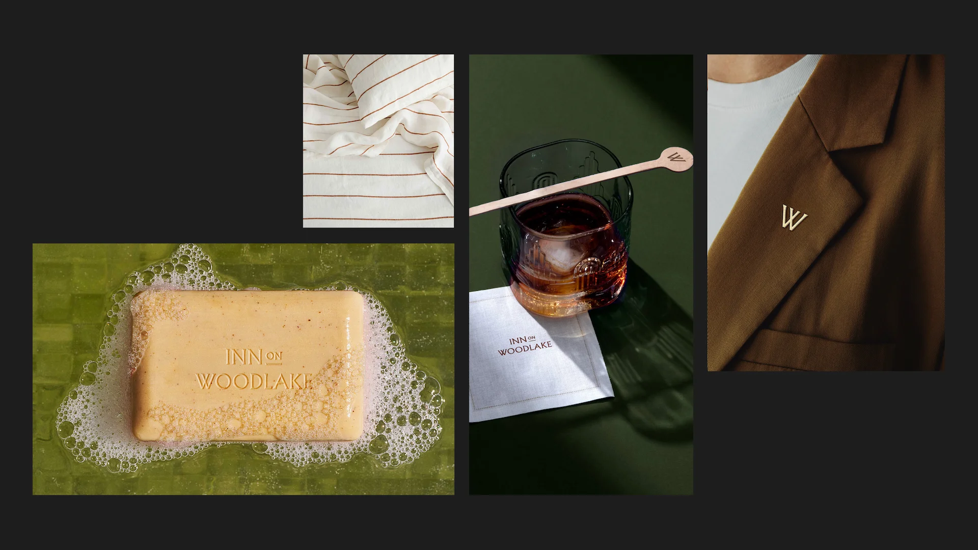 Collage of four branded items from Inn on Woodlake: striped fabric, embossed soap, cocktail with logo stirrer, and blazer with “W” pin.