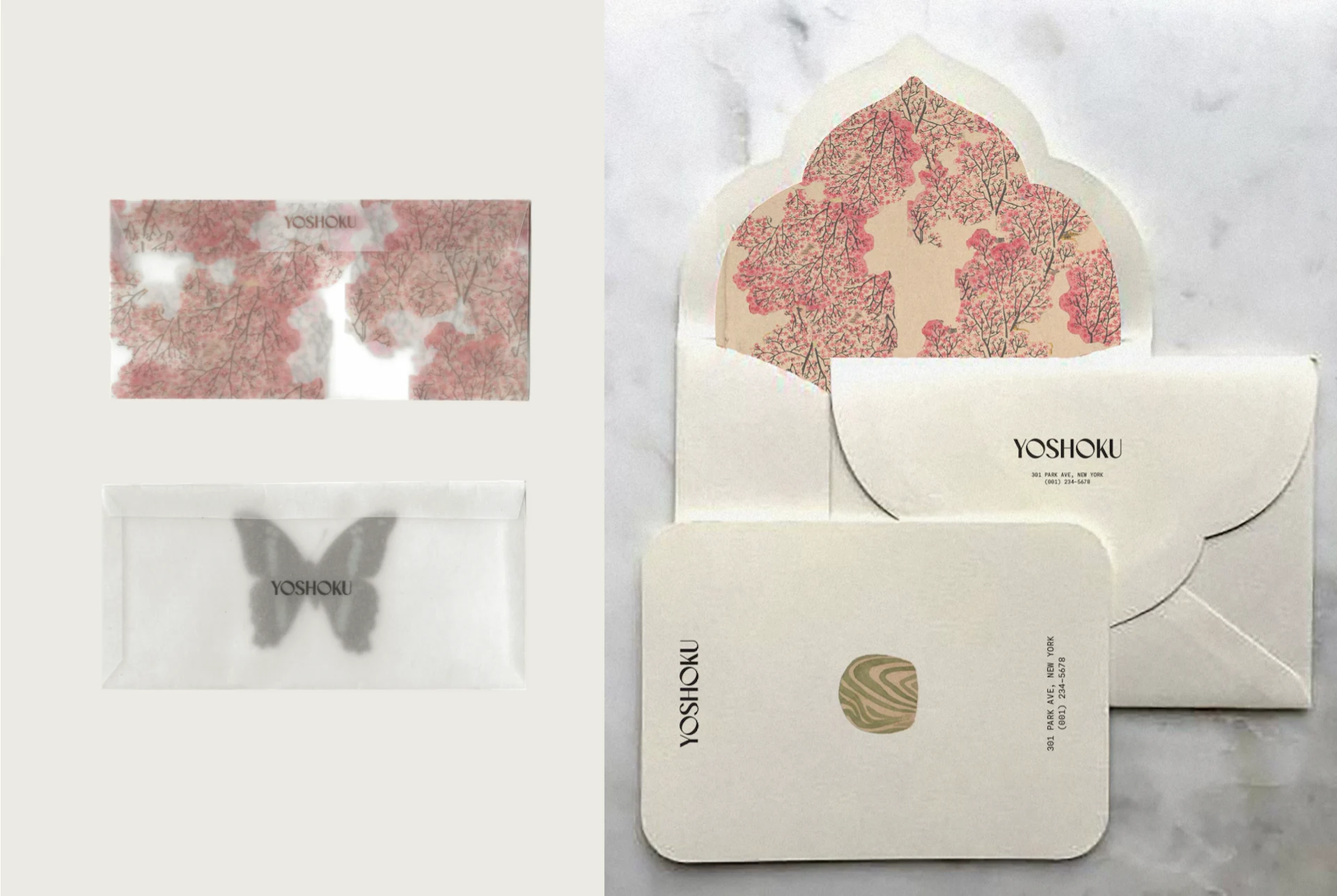 Elegant YOSHOKU stationery set with floral and butterfly envelopes, scalloped flap, and abstract design card.