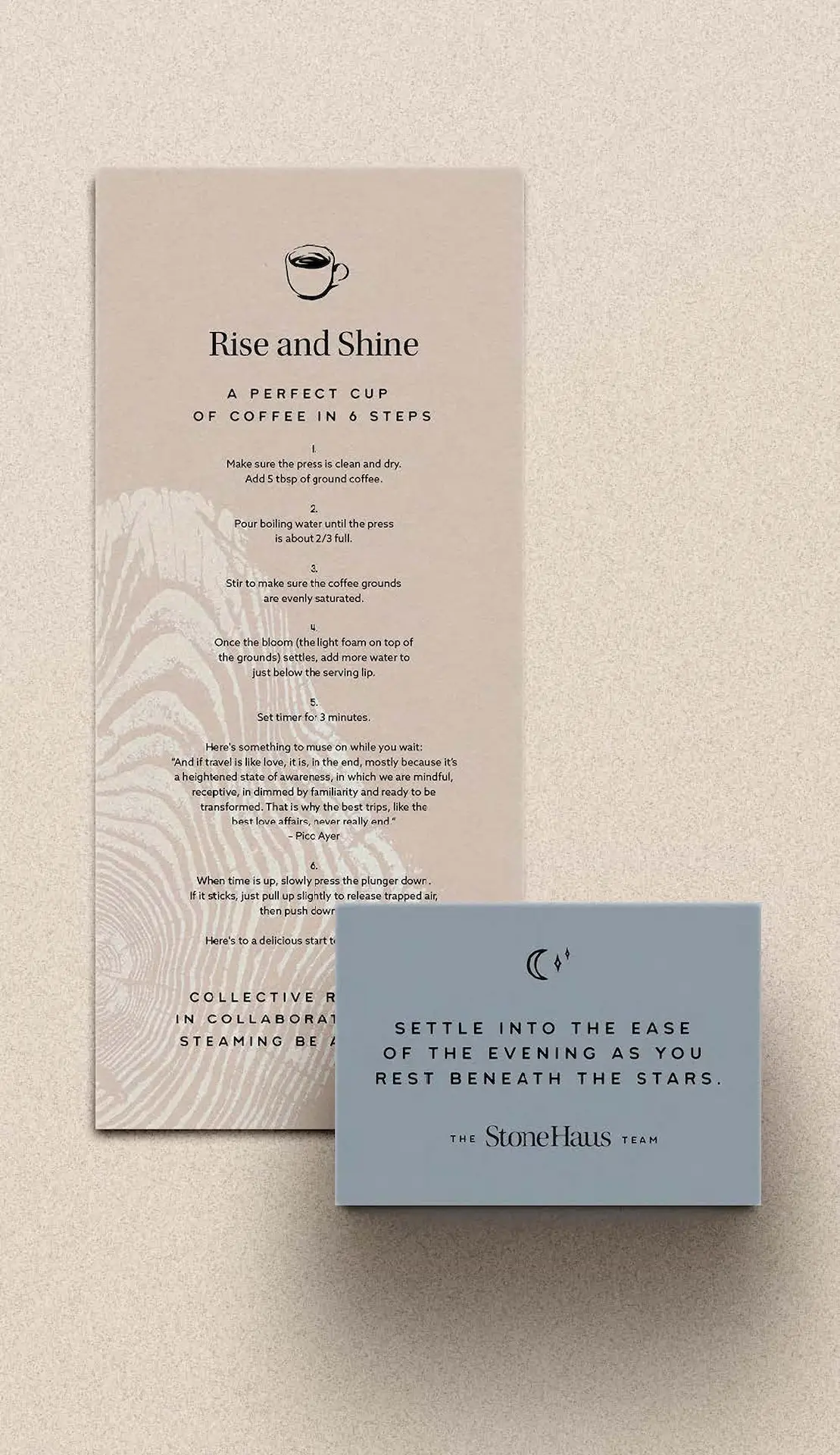 Two cards on textured surface: one with six-step coffee guide, the other with evening message from StoneHaus.