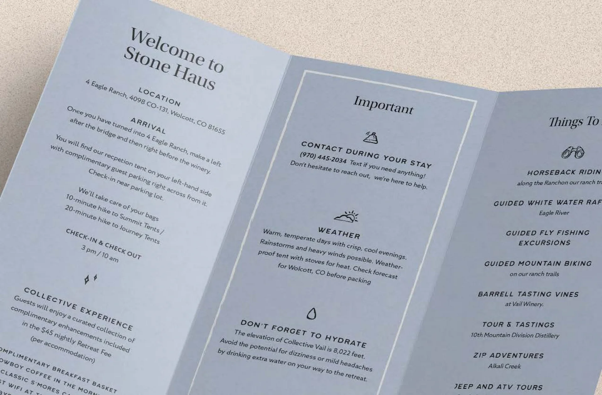 Tri-fold brochure for Stone Haus at 4 Eagle Ranch with guest info, activities, and contact details.
