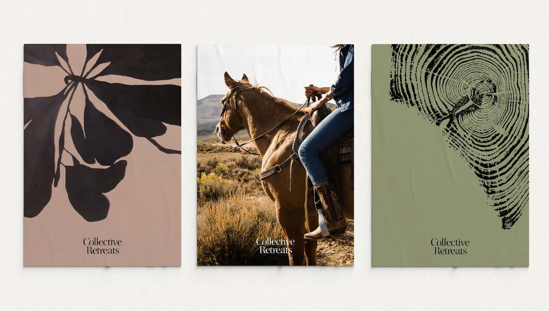 Three vertical posters for Collective Retreats: abstract leaf design, horseback rider in nature, and tree ring illustration.