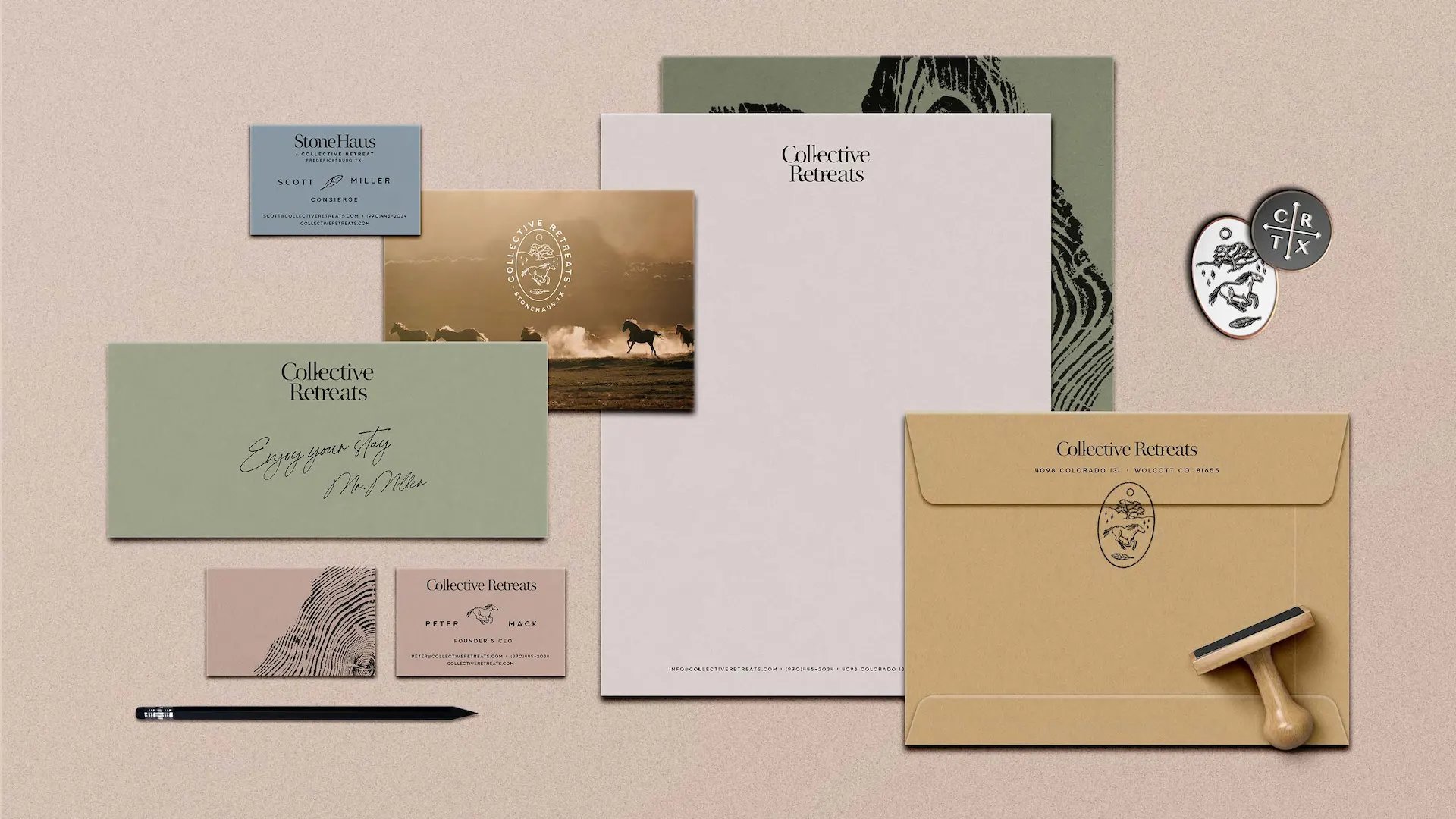 Branding by Spherical 15 Branded stationery for Collective Retreats featuring earthy tones, nature-inspired graphics, and elegant typography.