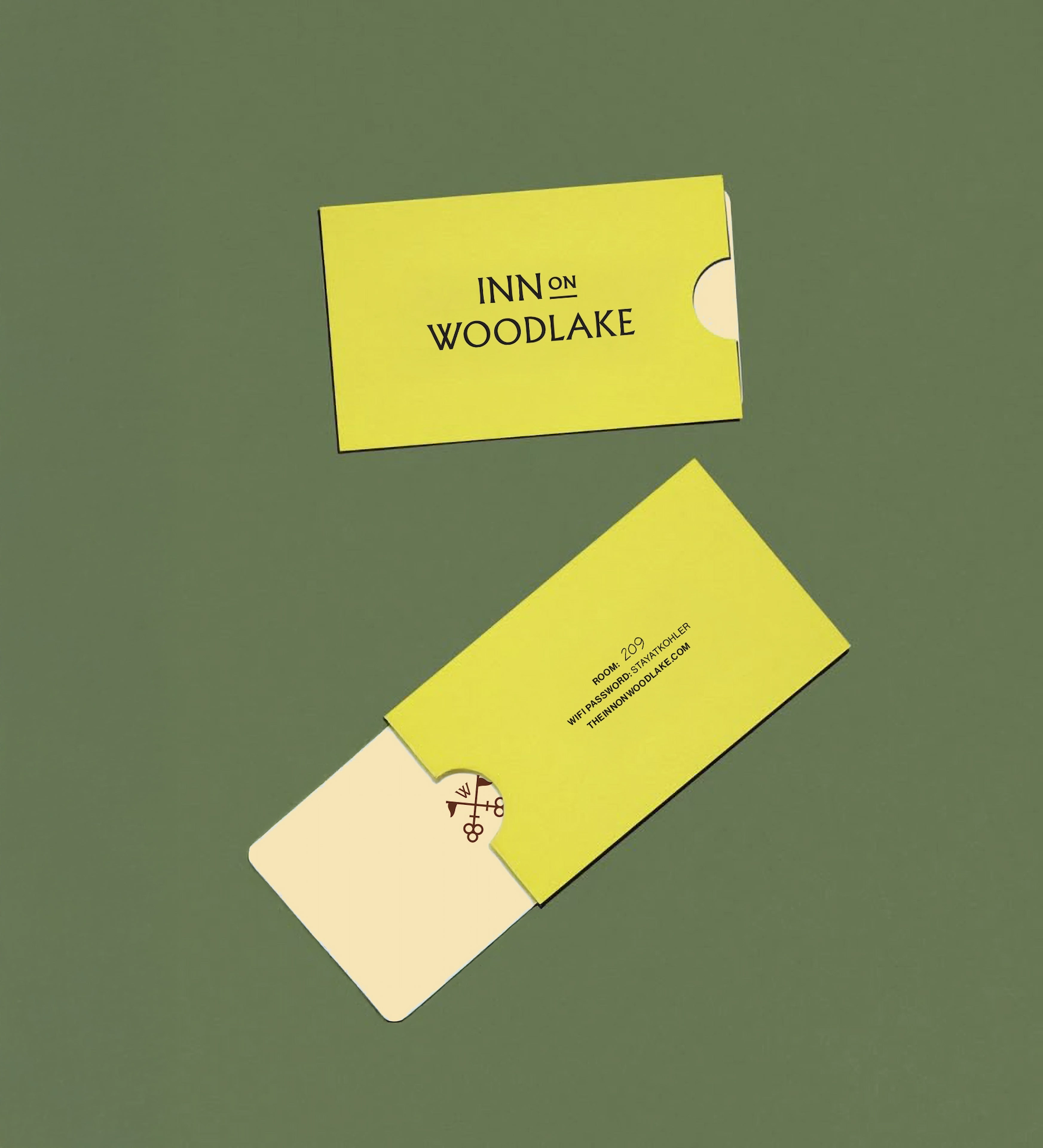 Two yellow key card holders from Inn on Woodlake on green surface; one open showing branded card for Room 209.