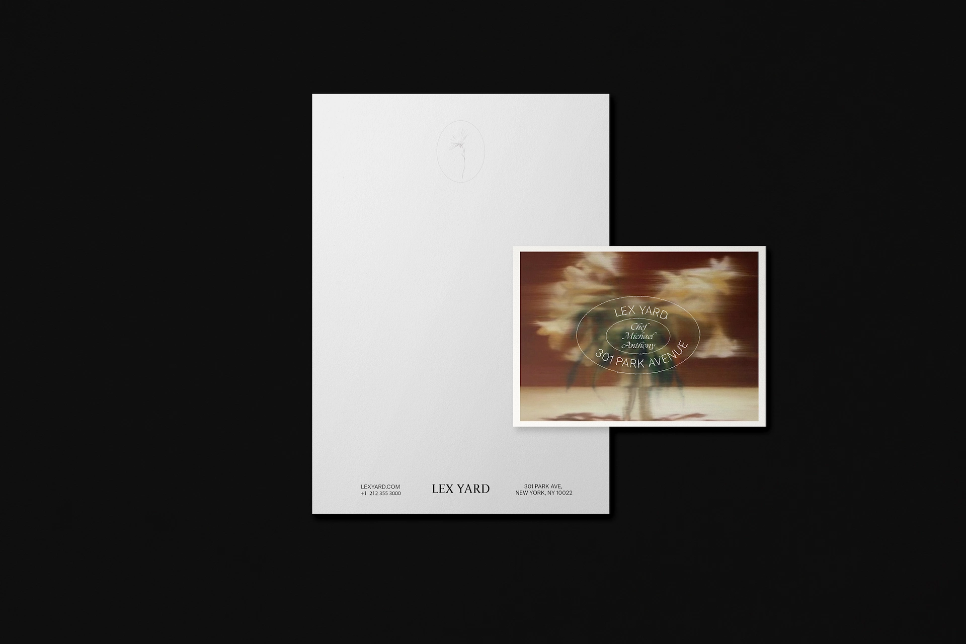 Branding by Spherical 1 Minimalist LEX YARD letterhead with embossed detail and contact info, overlaid by artistic card for Chef Michael’s Academy.