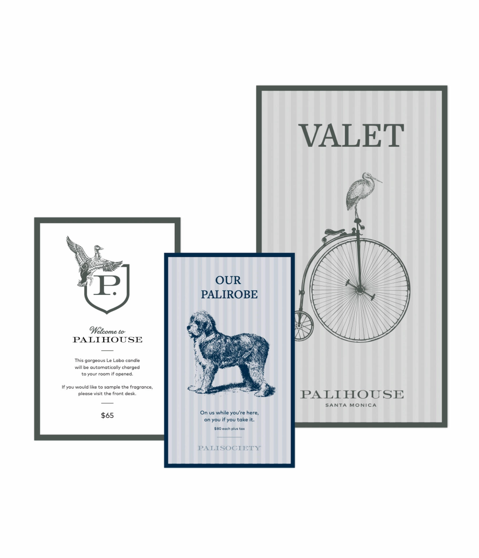 Palisociety 3 Three vertical cards from PALIHOUSE and PALISOCIETY featuring branded messages about amenities and services.