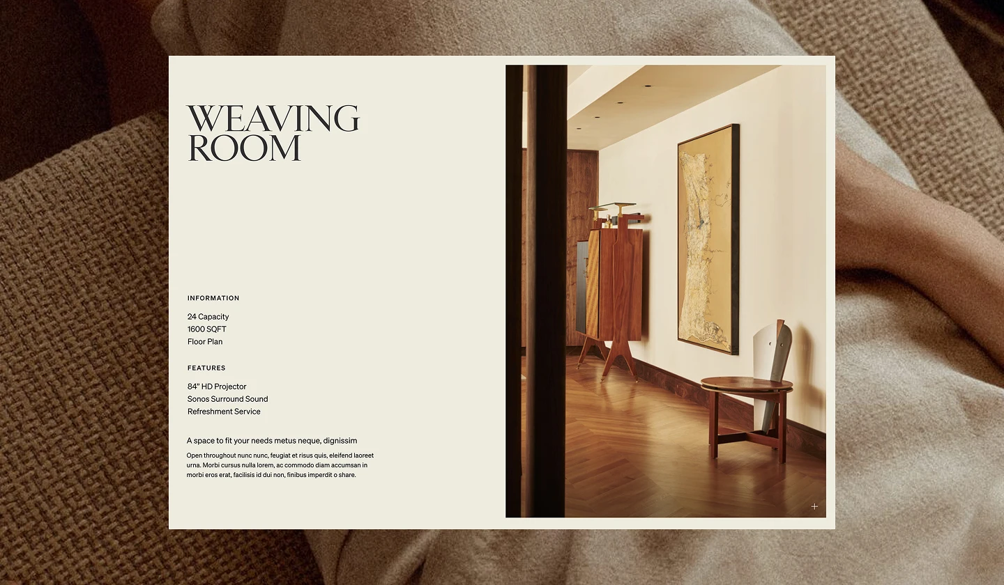 Webpage for Weaving Room showing room photo, specs, and features like projector and sound.