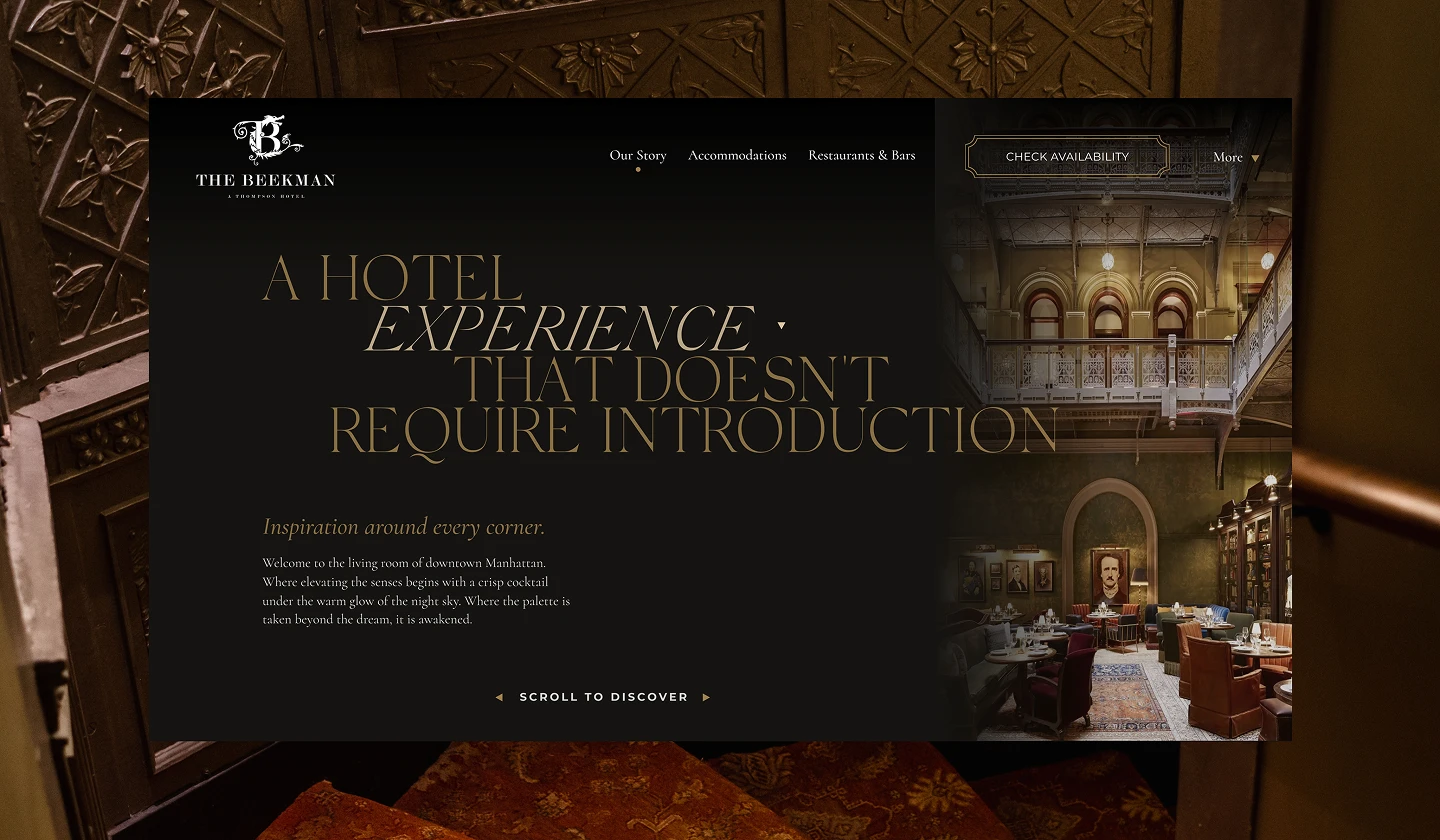 The Beekman 1 Webpage for The Beekman hotel with gold text, historic lounge photo, and atrium with vintage lighting.