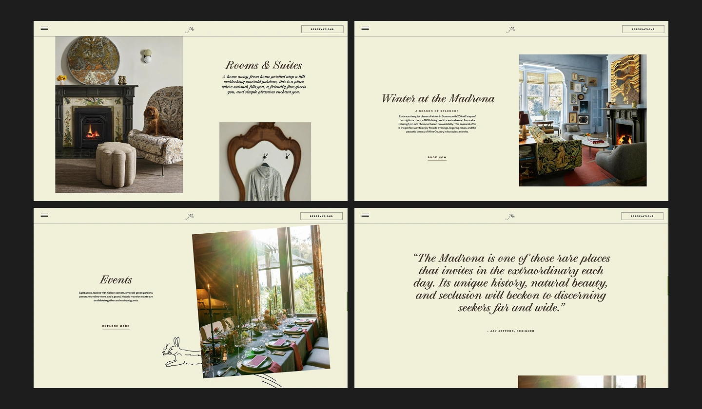 The Madrona 1 Collage of cozy room, winter offer, event space, and testimonial for The Madrona hospitality property.