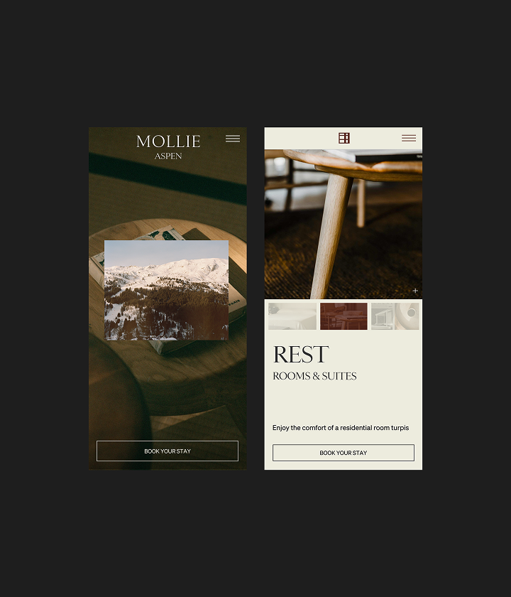 Two mobile website screens for Mollie Aspen, showing booking interface, mountain imagery, and rooms and suites page.