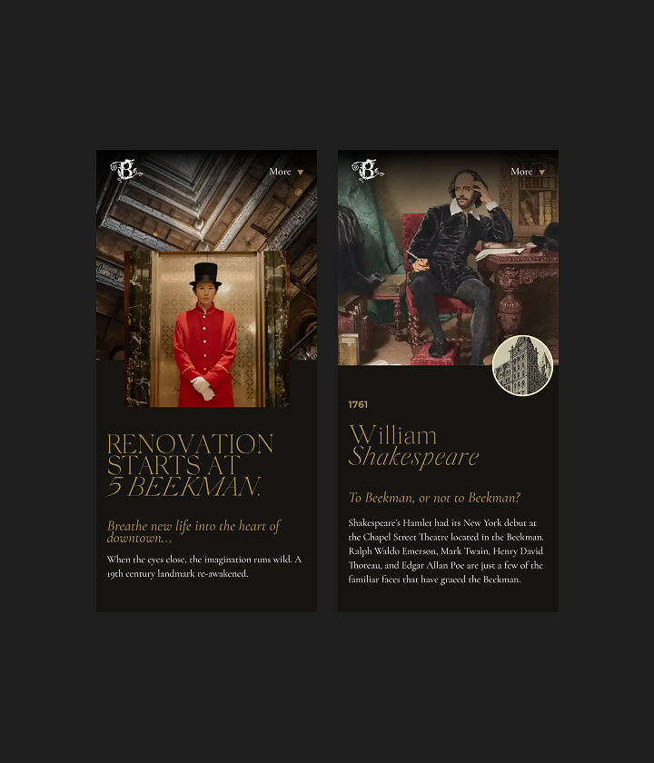 The Beekman 3 Two mobile screens showcasing The Beekman hotel content, featuring a renovation announcement and historical storytelling design