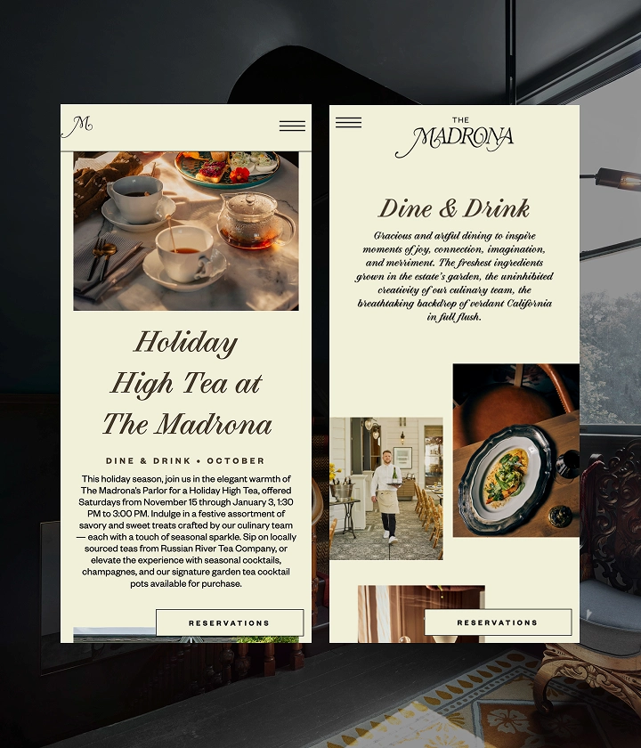 The Madrona 3 Promotional panels for The Madrona featuring Holiday High Tea with treats and Dine & Drink with chef and plated dish.