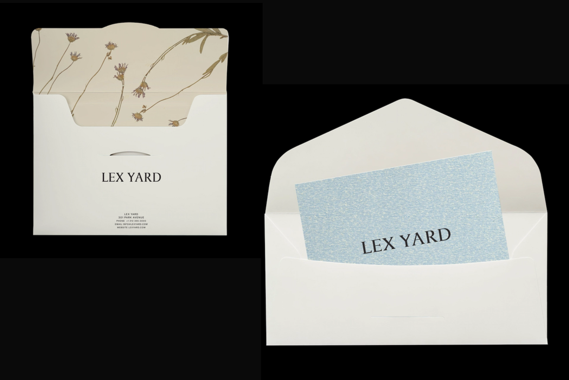 Two elegant LEX YARD envelopes with branded cards, one showing floral interior and contact details.