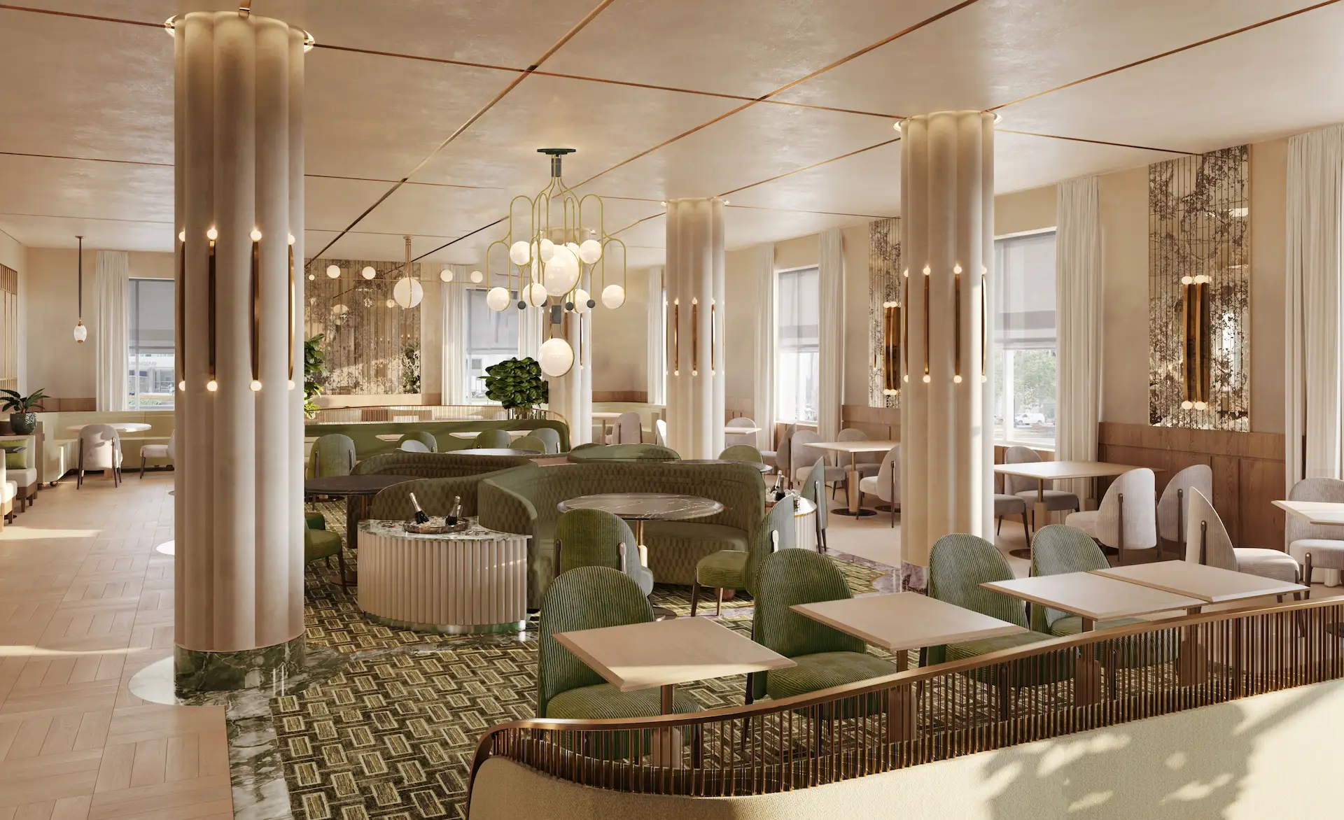 Branding by Spherical 5 Elegant hotel restaurant interior with green seating, marble columns, and soft ambient lighting.