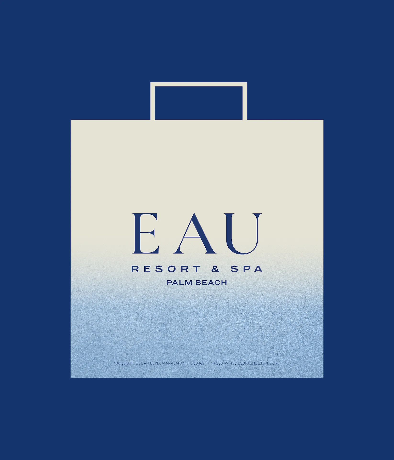 Eau Palm Beach 3 Gradient shopping bag for EAU Resort & Spa Palm Beach, with contact info printed at the bottom.