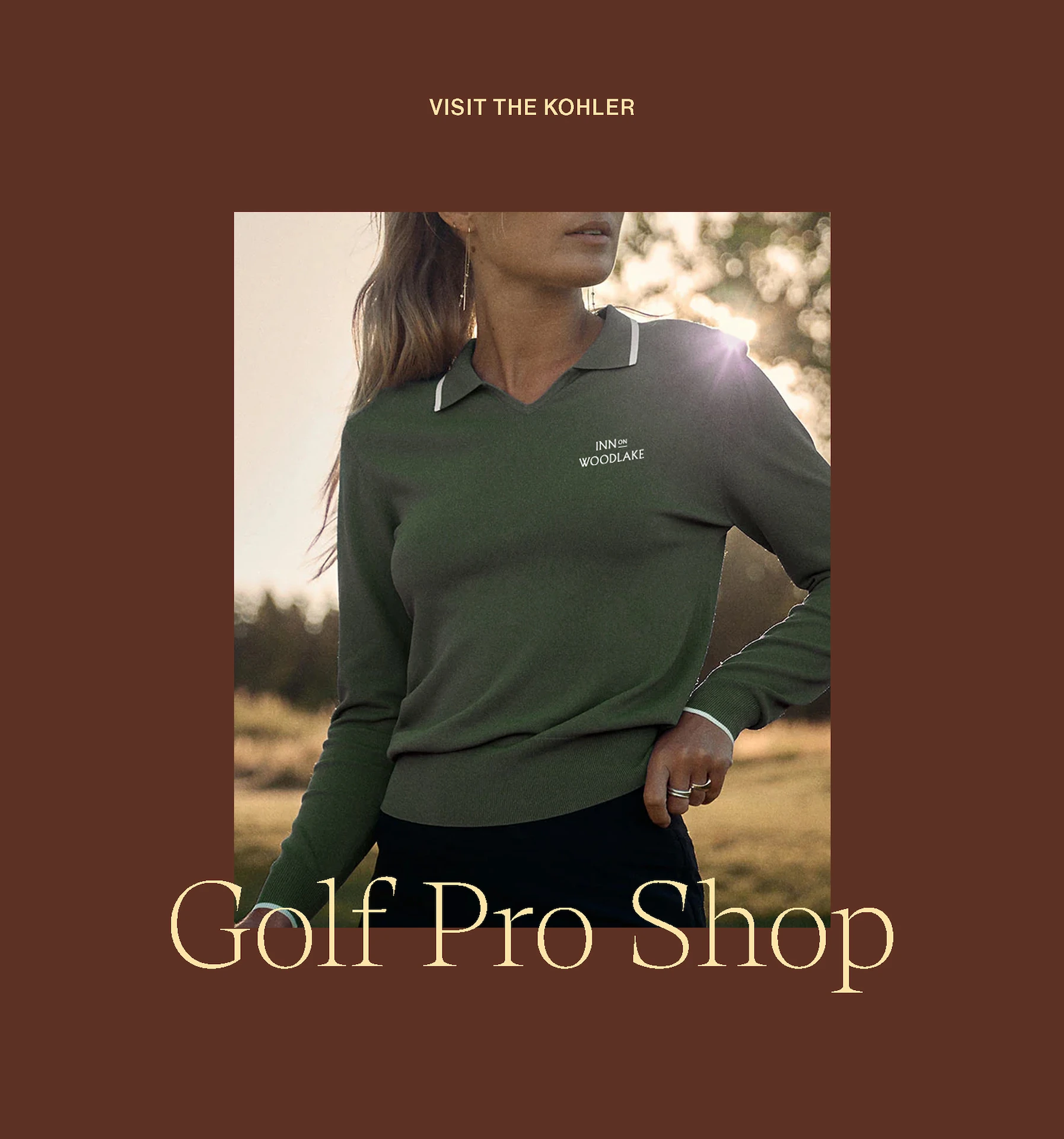 Promotional image for Kohler Golf Pro Shop featuring person in green Inn on Woodlake shirt outdoors.