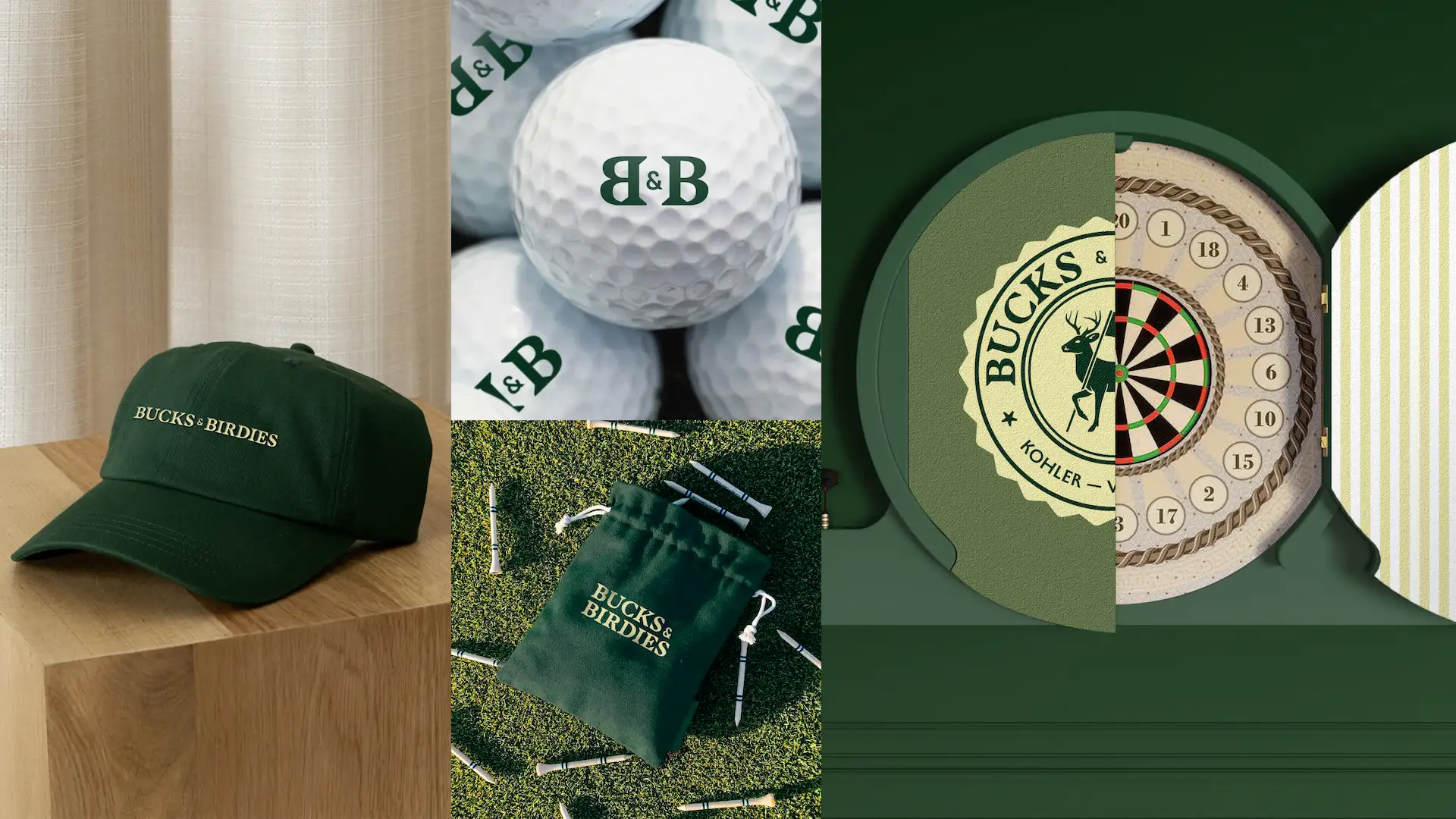 Collage of Bucks & Birdies merchandise: green cap, branded golf balls, drawstring pouch, and dartboard cabinet.