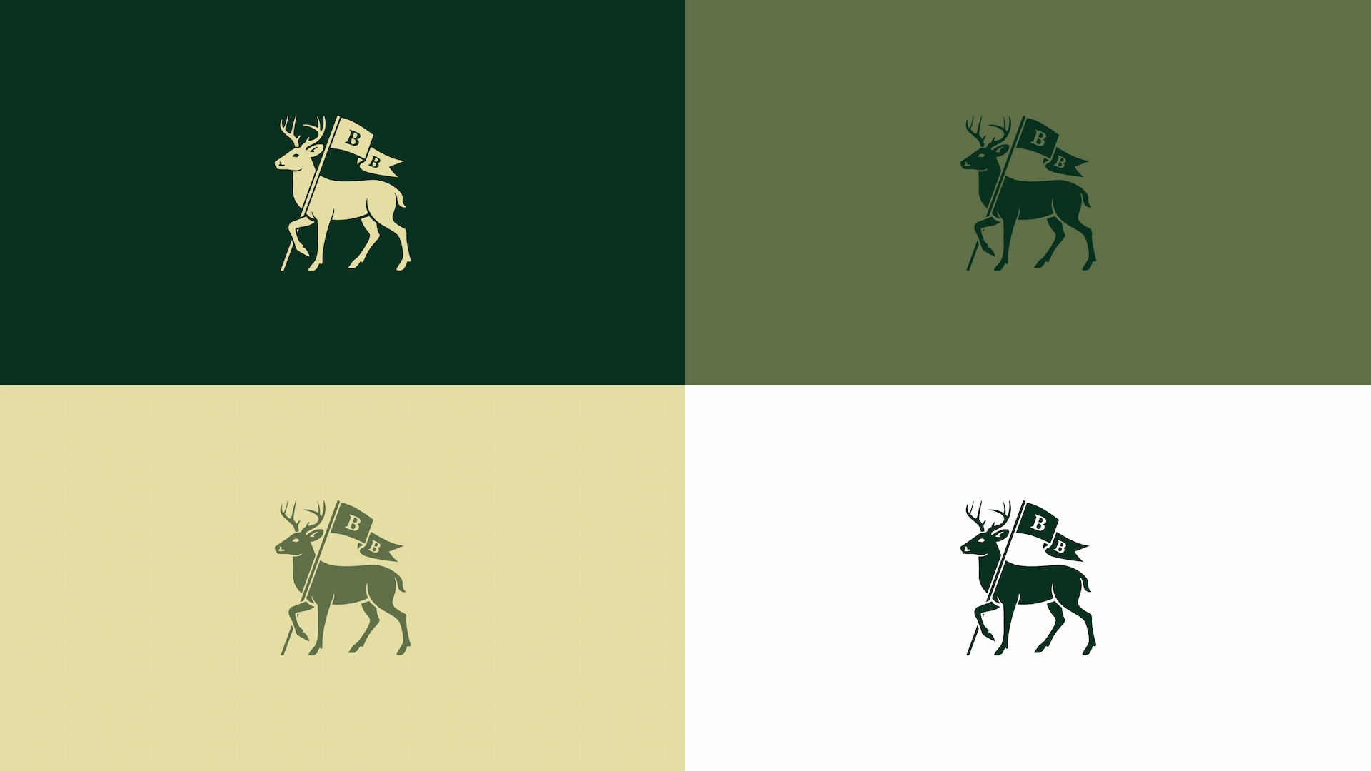 Four stylized deer illustrations holding “B B” flags, each shown in a different background and color scheme.
