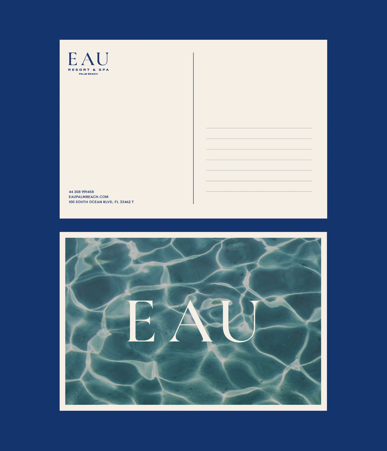 Eau Palm Beach 6 Front and back of EAU Resort & Spa postcard; serene water image on front, contact info and message space on back.