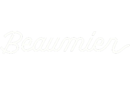 Beaumier logo in white script on black background.