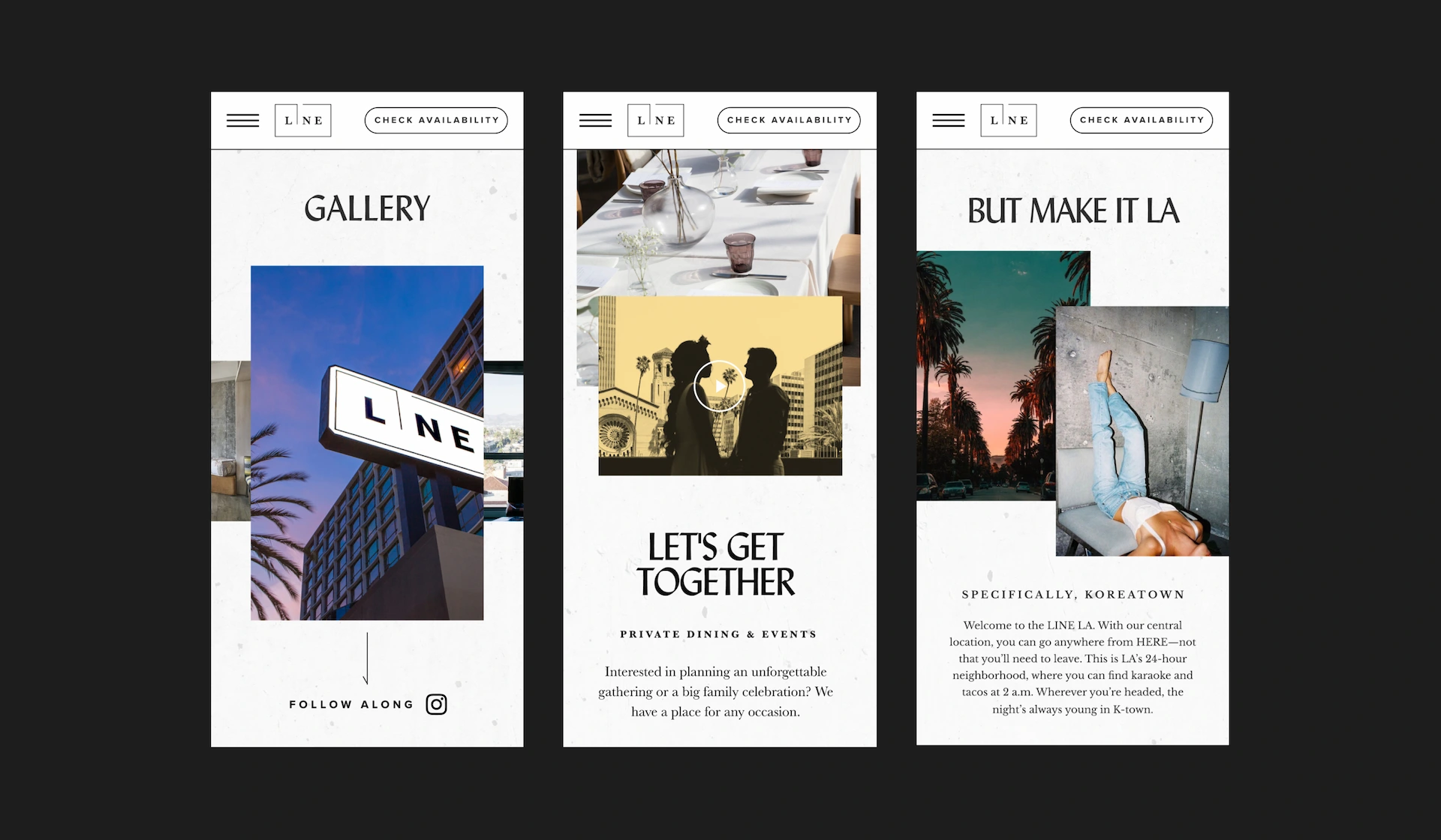 The LINE 1 Three mobile screens showing The LINE hotel’s gallery, events info, and LA lifestyle images.