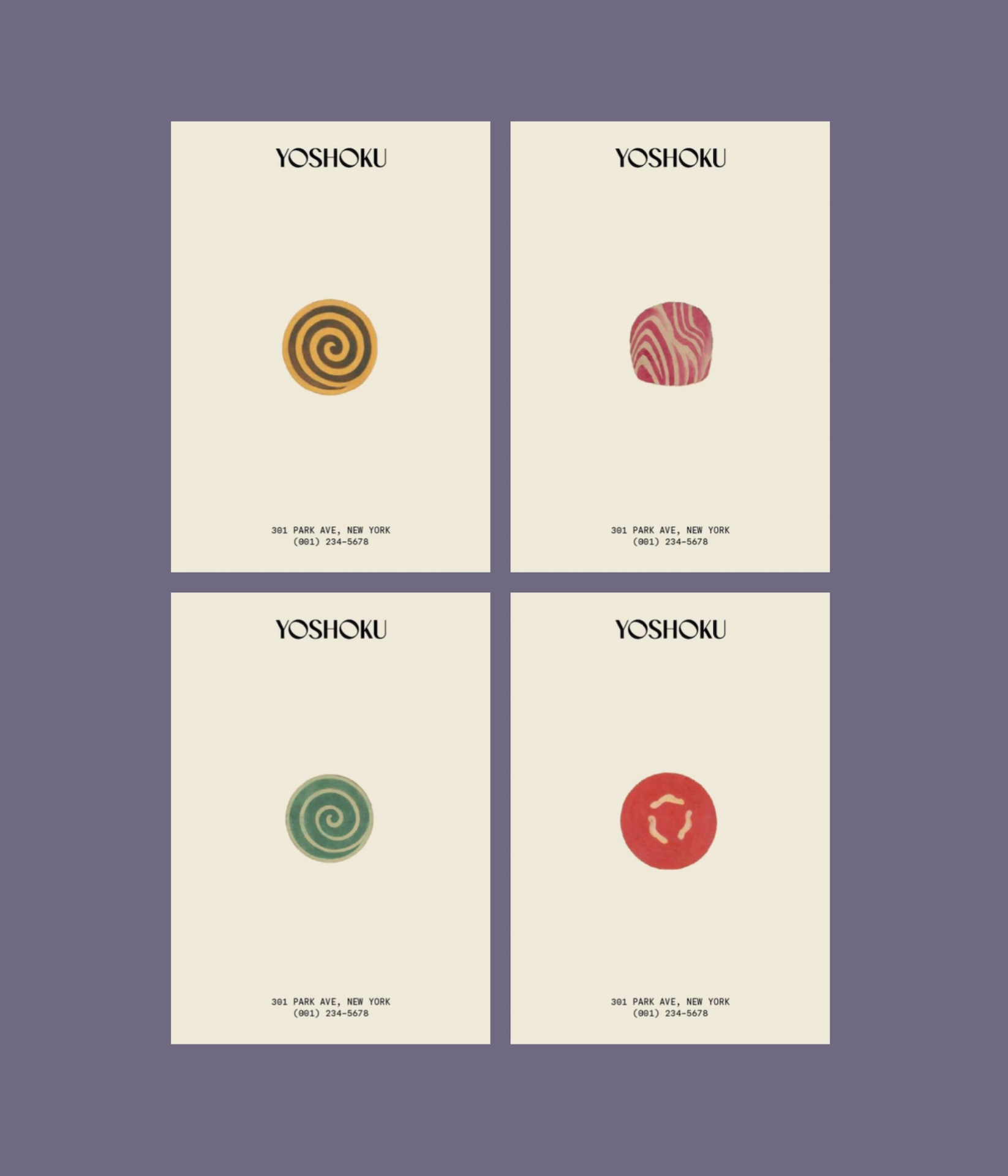 Four minimalist YOSHOKU posters with abstract circular designs and contact info, arranged on purple background.